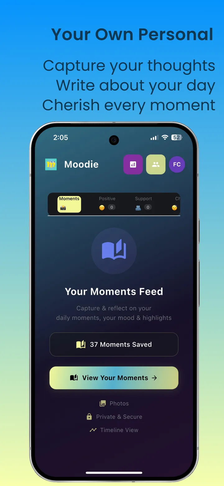 Moodie Moments feed showing personal entries